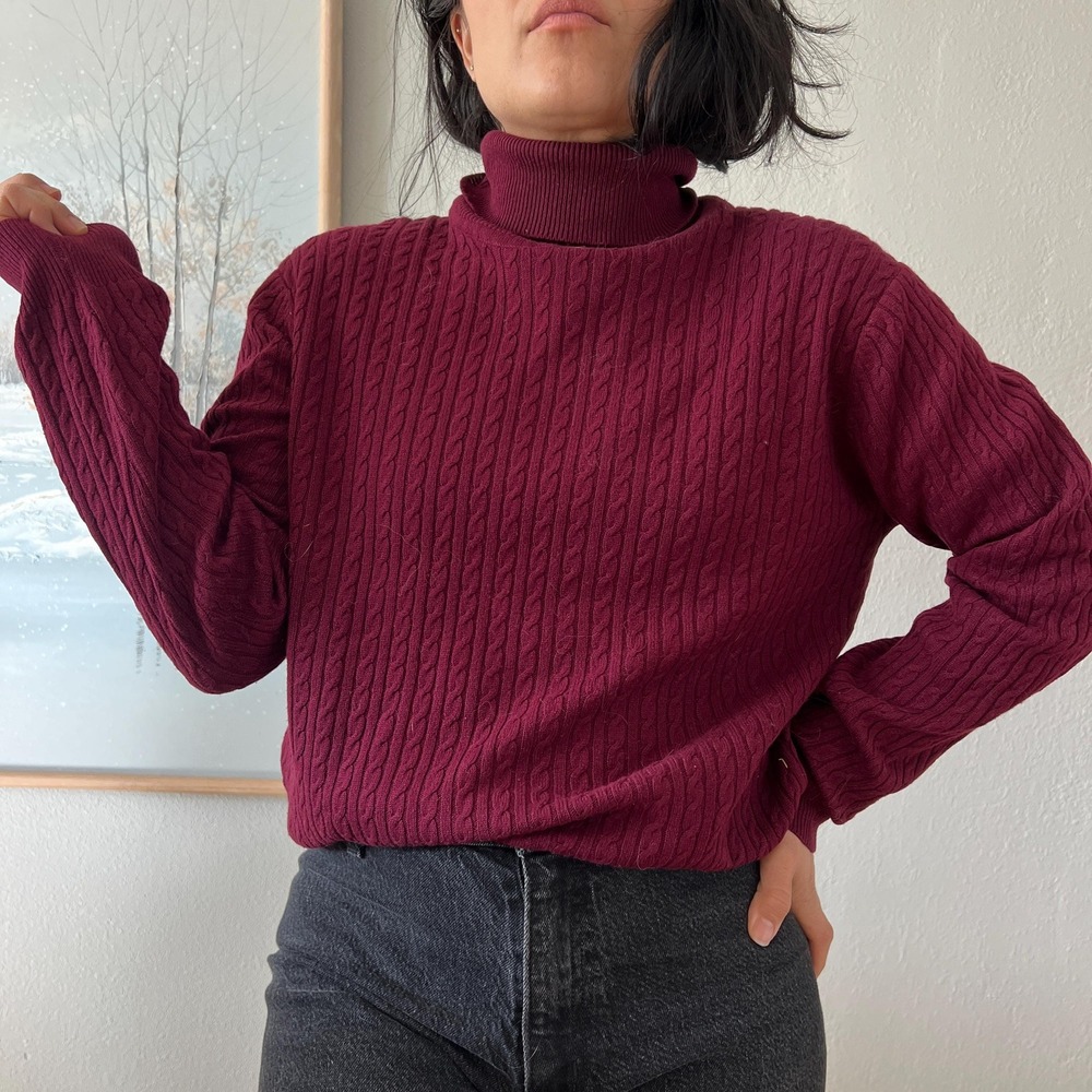 Neiman Marcus Vintage 90s Silk Cashmere Turtleneck Cable Knit Red M